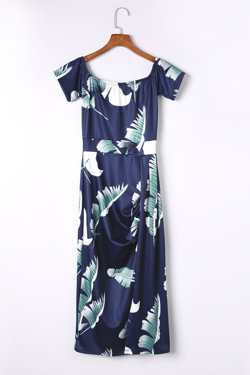 Print Off Shoulder Slit Bodycon Midi Dress